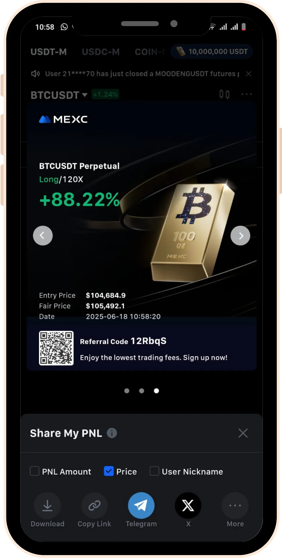 Student Profit Review 1 Student trading profit testimonial screenshot from Gaintaker Academy stock market course
