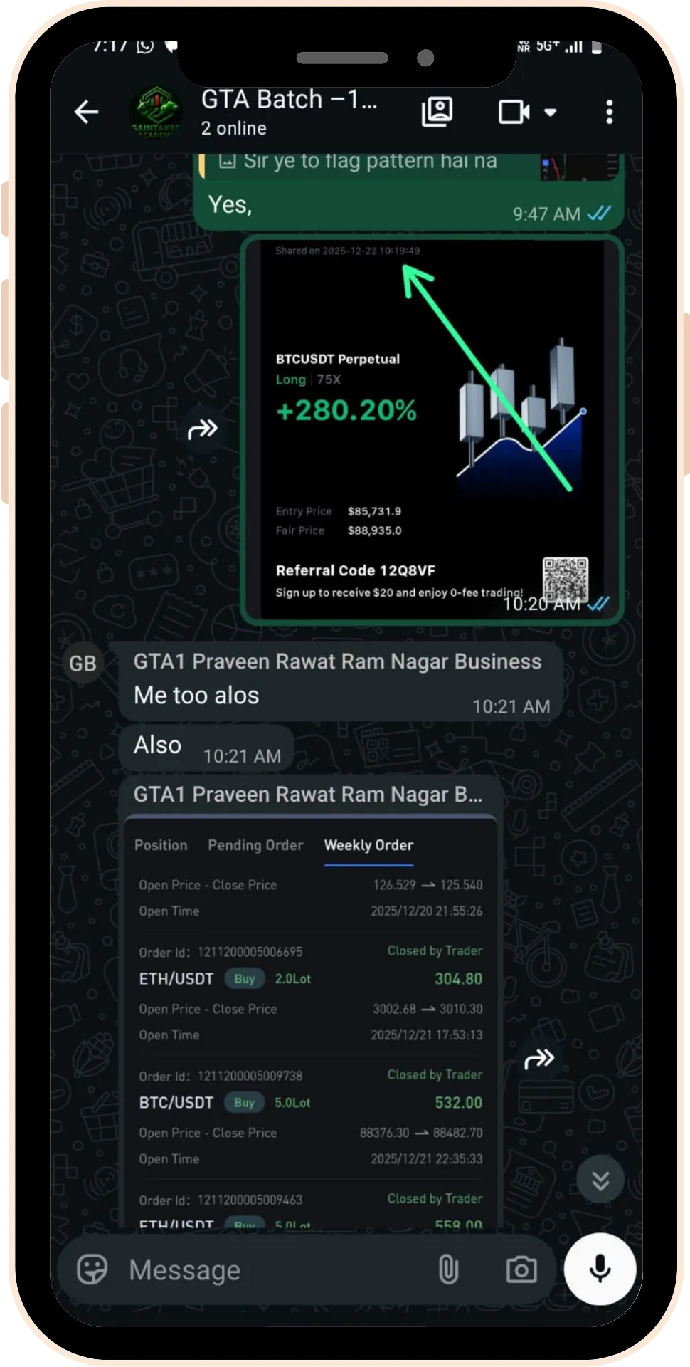 Student trading profit testimonial screenshot 10 from Gaintaker Academy stock market course