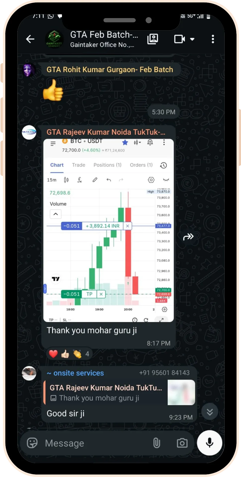 Student trading profit testimonial screenshot 13 from Gaintaker Academy stock market course
