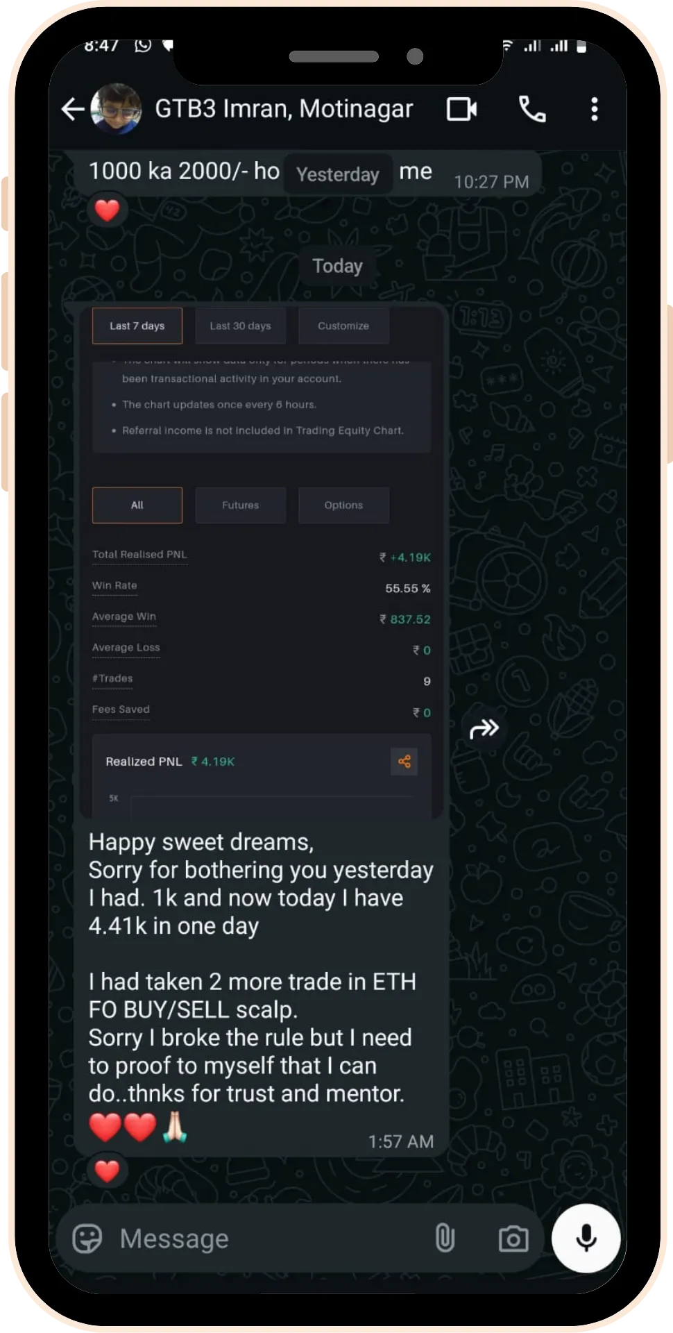 Student trading profit testimonial screenshot 2 from Gaintaker Academy stock market course