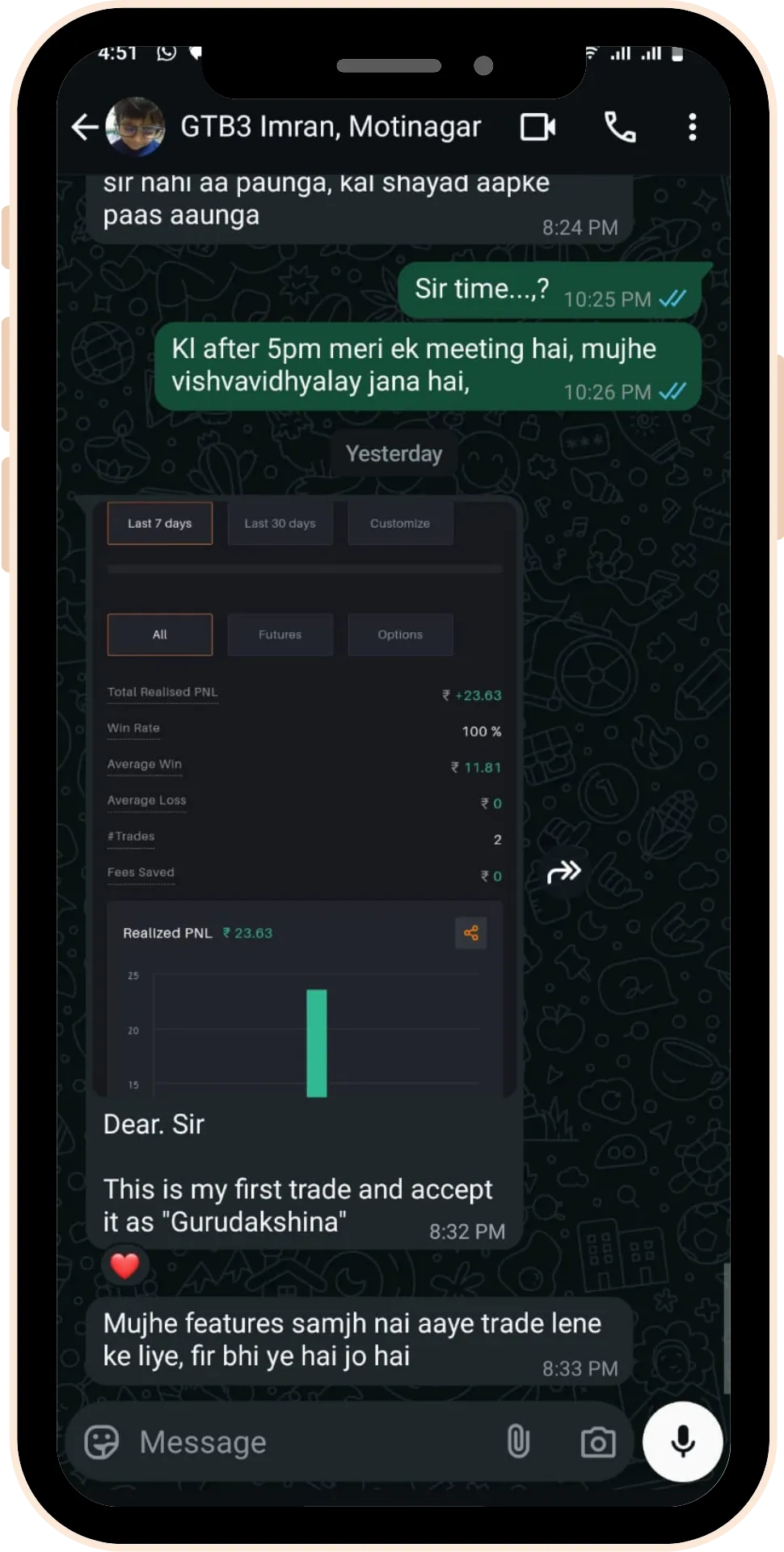 Student trading profit testimonial screenshot 3 from Gaintaker Academy stock market course