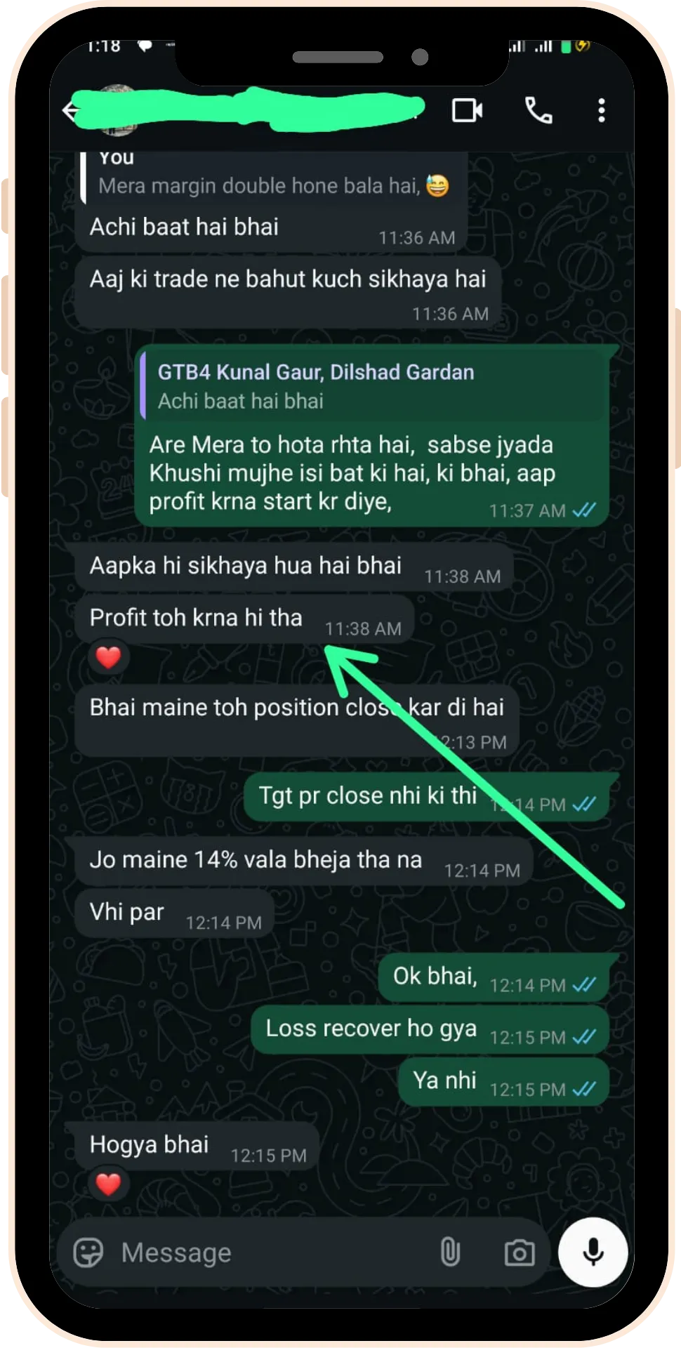 Student trading profit testimonial screenshot 7 from Gaintaker Academy stock market course